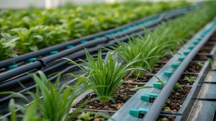 Automated irrigation system precisely watering young seedlings, supporting optimal plant growth in controlled greenhouse environment, highlighting agricultural innovation