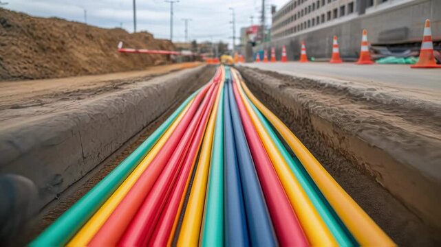 Construction workers are installing a bundle of colorful cables in a trench on a road construction site, ensuring modern communication infrastructure