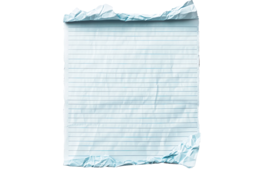 Wrinkled lined blue paper sheet, notebook page, tear out, transparent