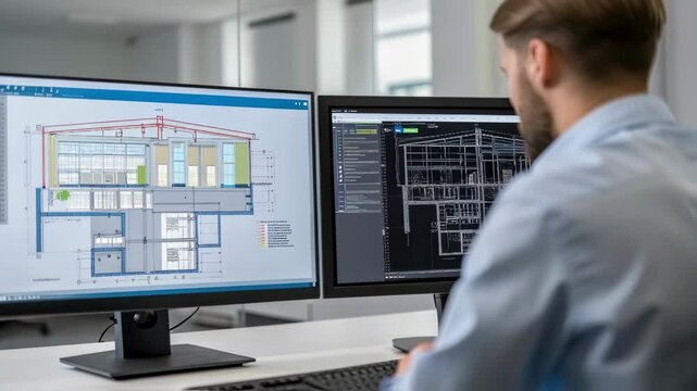 Young male architect working on a building project using professional computer aided design software, analyzing blueprints on dual monitors in a bright modern office