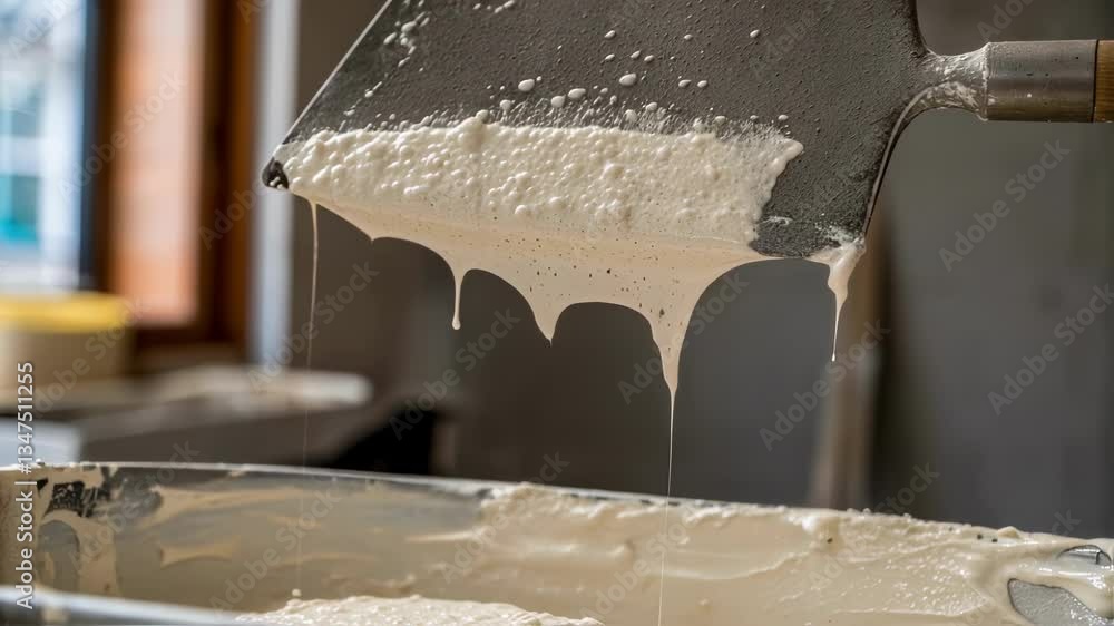 Poster white plaster dripping from trowel into container, revealing viscous texture during home renovation 