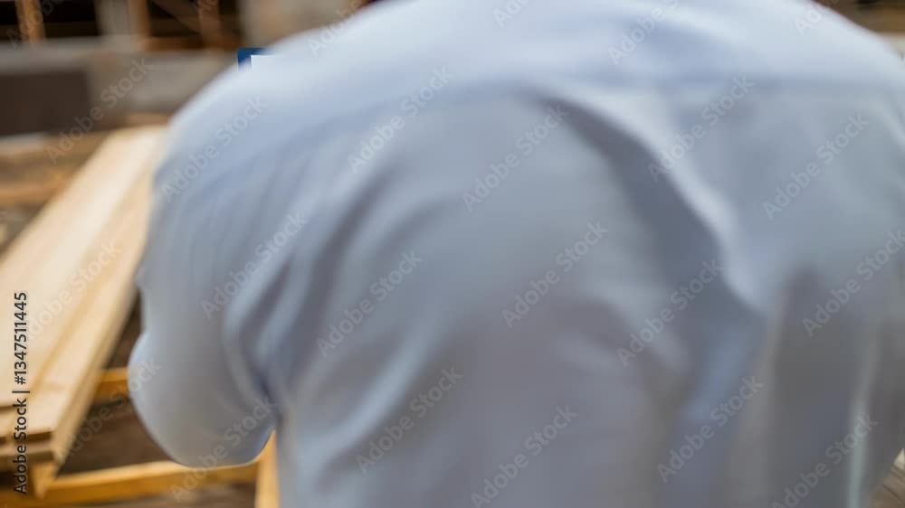 Poster Architect meticulously reviews blueprint on a clipboard, making annotations and checking details amidst the bustling activity of a construction site