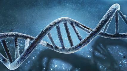 Real photo DNA helix structure on blue background under microscope. Genetic model, atoms are connected in a molecular chain.