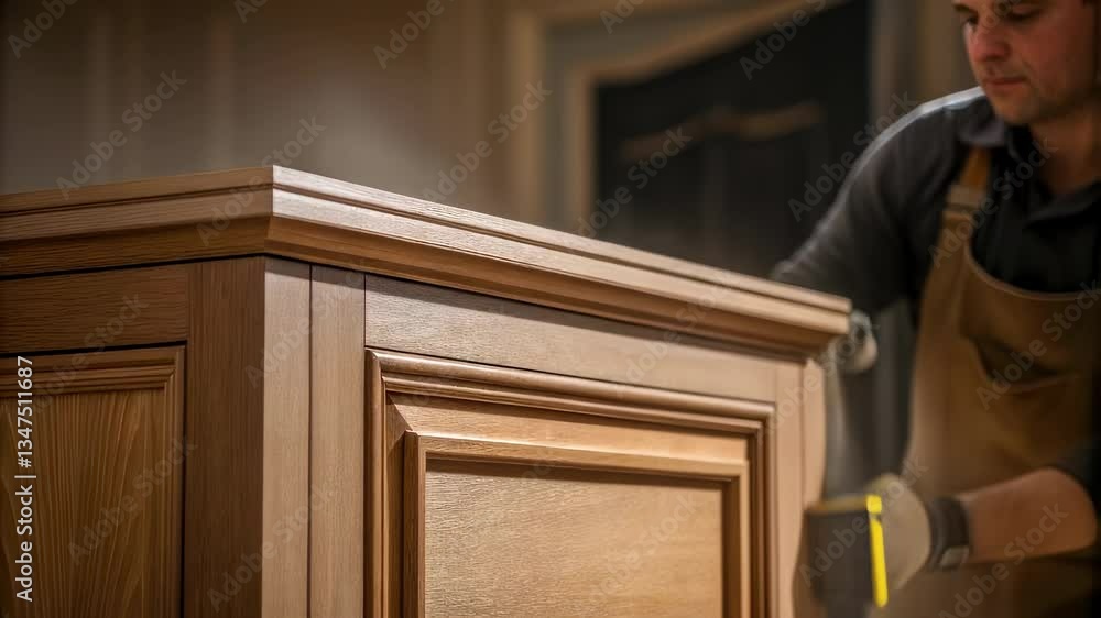 Poster professional woodworker sanding wooden cabinet surface with precision, generating fine wood dust in 