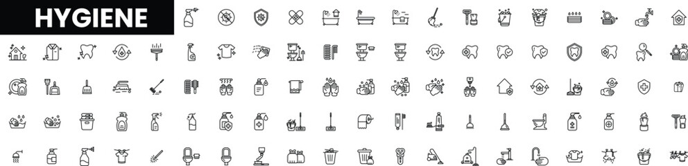 Variety of hygiene icons in a clean, monochrome style.