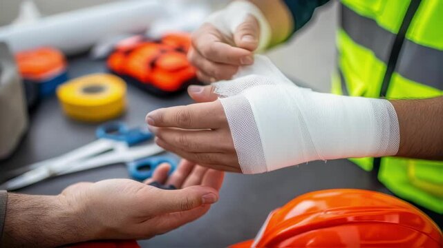 Skilled paramedic carefully bandaging injured construction worker's wrist, delivering professional medical care and prioritizing workplace safety protocols