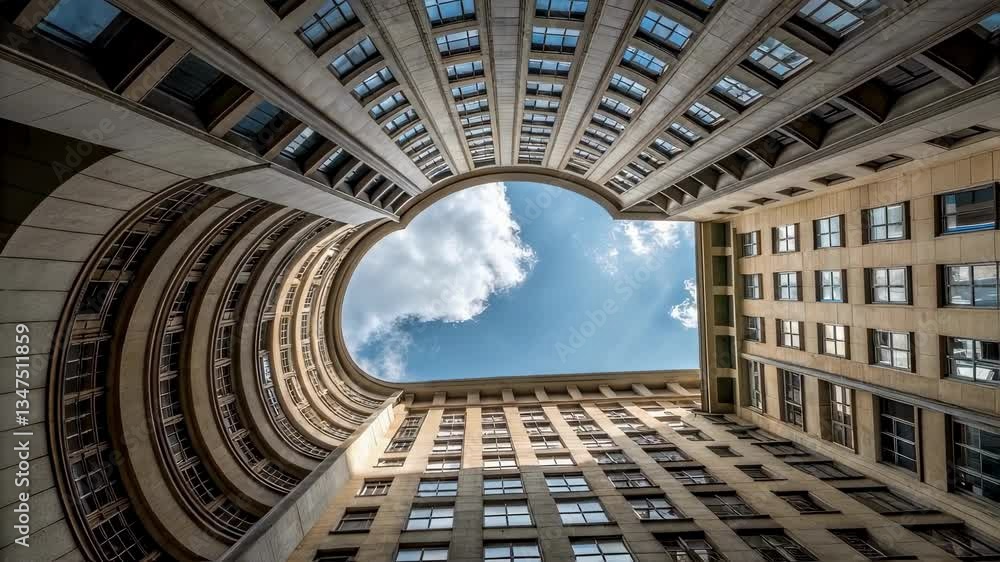 Poster white clouds drifting slowly across curved architectural structure, revealing symmetrical window pat
