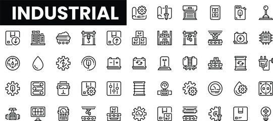 Diverse industrial icons in a minimalist design, showcasing machinery and tools.