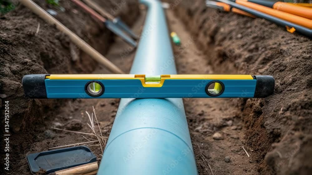 Aufkleber Construction workers are installing a level blue pvc pipe in a trench, ensuring proper alignment and functionality for underground utilities