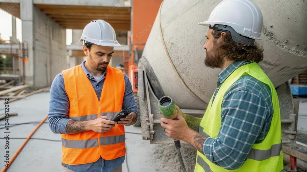 Poster construction workers wearing safety helmets and vests are inspecting a concrete mixer, one holding a