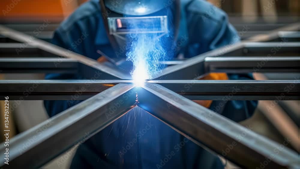 Poster professional welder working on metal framework, generating bright sparks while wearing protective ma