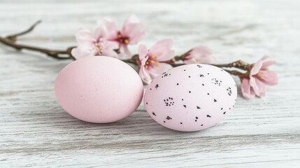 Obraz premium Pink Easter Eggs with Blossoms on Wooden Table