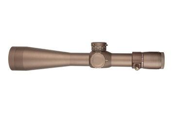 A modern rifle scope in matte brown with numerous adjustment controls, tailored for accurate...