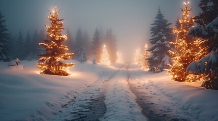 Winter holiday invitation snowy pine trees cozy warm lights and a blank text area