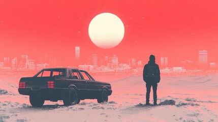 A lone figure contemplates a city under a setting sun