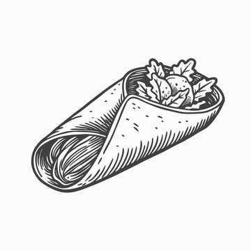 recommend clip art: Black silhouette Fast food illustration. Hand-drawn sketch style burrito wrap with vegetables and meat pieces isolated on white background.