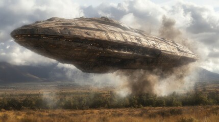 A large spacecraft is hovering above a landscape with a cloudy sky