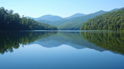 Beautiful peaceful scene with water and mountains across blue sky