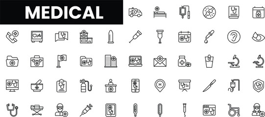 Variety of medical icons depicting healthcare and medical equipment.