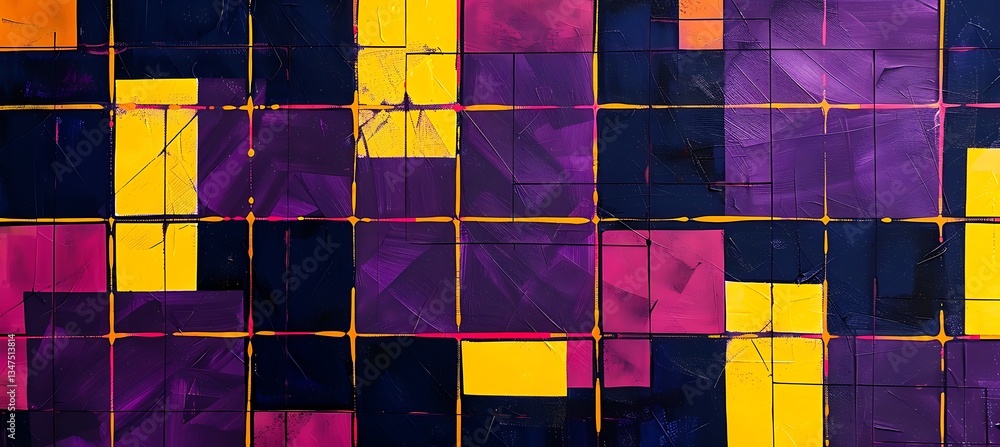 Poster backdrop featuring intersecting squares with neon purple and yellow accents – empty template for web