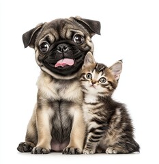 Obraz premium A playful pug and a small red kitten stand out against a plain white backdrop