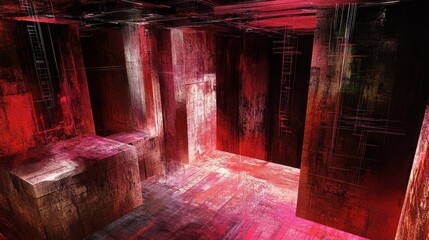 An Abstract Rendered Interior Room With Red And Dark Hues