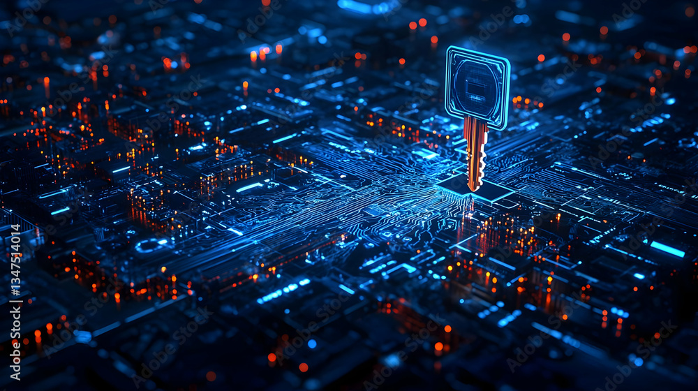 Poster abstract circuit board design with glowing chip