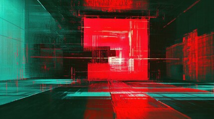 A futuristic digital abstract scene with geometric shapes and bold colors