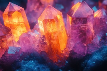 Vibrant orange and purple crystals shining brightly in mineral formations