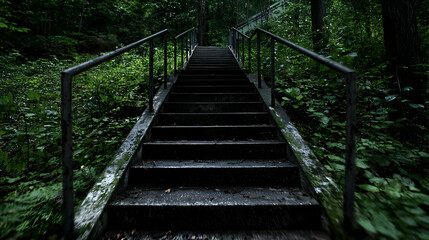 Metal Stairway Leading Upwards Through Dense Green Forest with Railings Under Rain and Moody Lighting