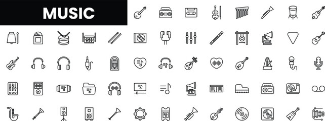 A diverse collection of music-themed icons in various styles and instruments.