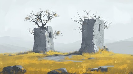 Two ruined stone structures with trees sit on a golden meadow
