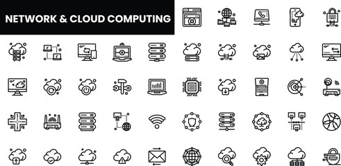 Variety of network and cloud computing icons in black and white.