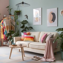 Modern and colorful interior of living room with design boucle sofa, mock up poster, shelf, plants, decorations and personal stuff. Home decor.