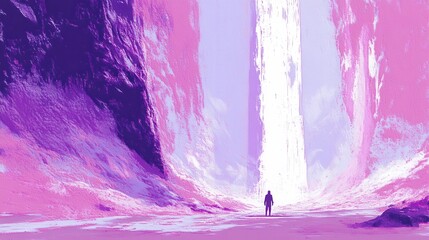 A lone figure facing an otherworldly bright light ahead