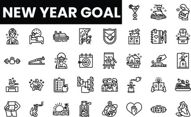 A diverse collection of icons representing New Year goals and resolutions.