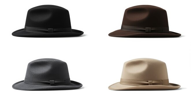 Elegant assortment of classic fedora hats in sophisticated hues on white background