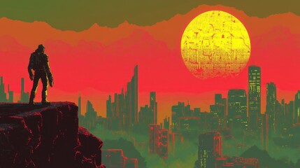 A lone figure stands overlooking a futuristic cityscape during sunset