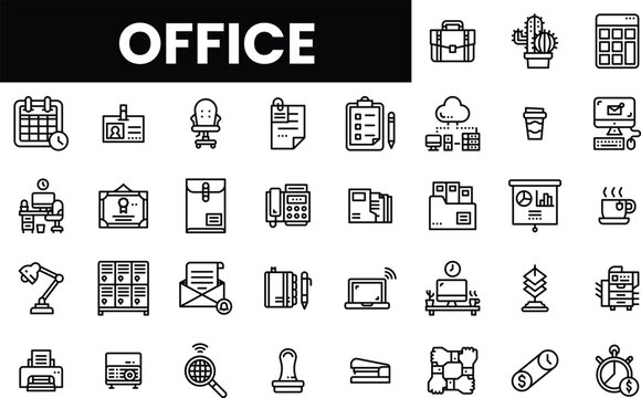 A collection of minimalist line icons representing various office elements and tools.