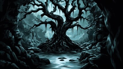 A mysterious and spooky tree stands within a dark gloomy landscape