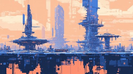 Futuristic cityscape featuring various high rise structures and reflective water below