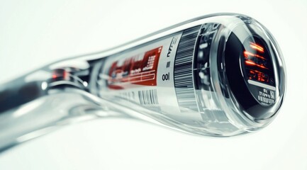 Close-up of Futuristic Transparent Device with Barcode, Glowing Display and Detailed Internal Components