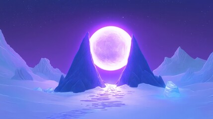 A surreal landscape featuring an ethereal moon and mountains