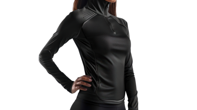 Sportswoman wearing black long-sleeved shirt posing with hand on hip, transparent background - Powered by Adobe