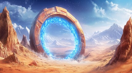 A glowing blue portal sits in a desert landscape under a blue sky