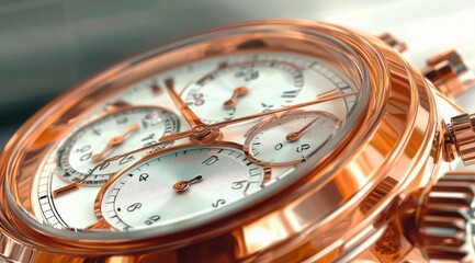 Fototapeta premium Luxurious Timepiece Close-Up: A Rose Gold Chronograph Watch with Intricate Detailing and Elegant Design