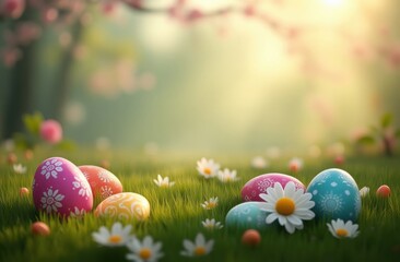 Easter eggs, bunny and spring flowers on meadow. Easter concept