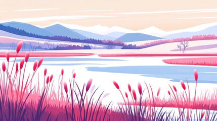 A beautiful stylized landscape scene with mountains and water