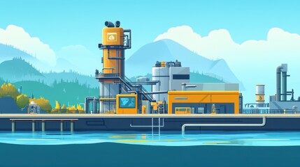 Industrial plant complex near water with mountains and blue sky
