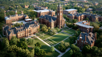 Fototapeta premium Aerial View Of A Classic Red Brick University Campus Featuring Clock Tower Surrounding Green Lawns And Mature Trees